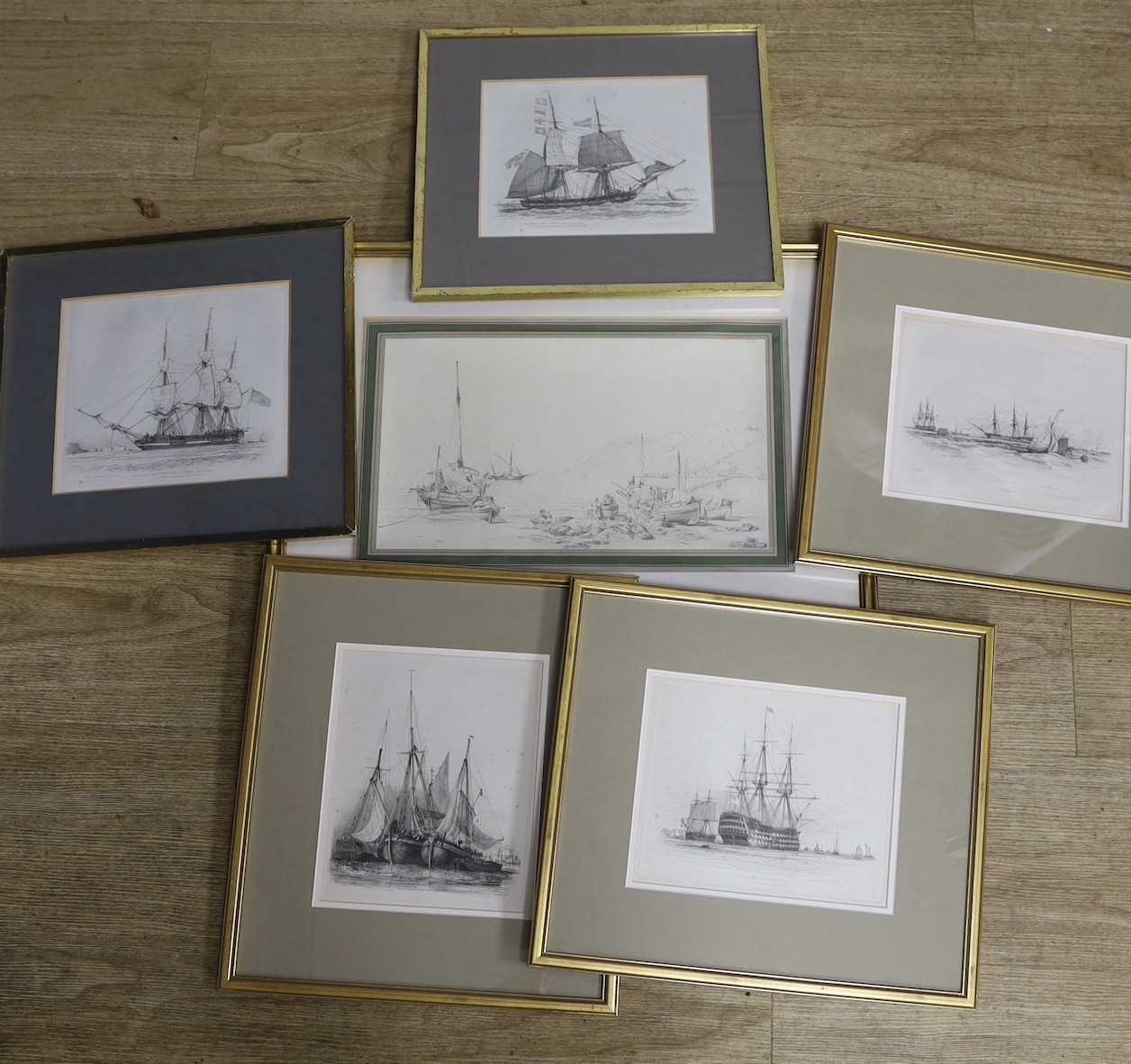 Edward William Cooke R.A. (1811-80), pencil drawing, Fishing boats in a mediterranean harbour, Sabin Galleries label verso, 20 x 35cm and five assorted engravings of shipping after Cooke